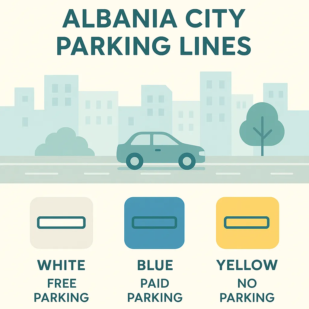 Infographic showing Albania city parking line colors — white for free parking, blue for paid parking, and yellow for no parking