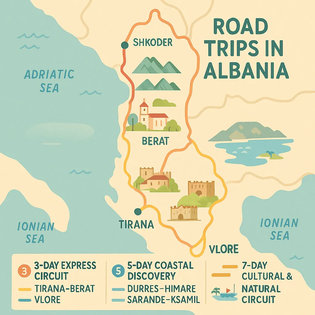  Illustrated map showing 3-day, 5-day, and 7-day road trip itineraries in Albania, including Tirana, Berat, Vlore, Shkoder, and coastal destinations  