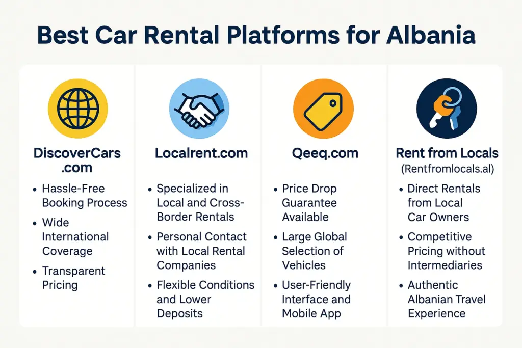 Infographic comparing the best car rental platforms for Albania in 2025, featuring DiscoverCars, Localrent, Qeeq, and Rent from Locals, highlighting their unique features and advantages.  