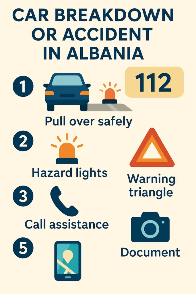 Infographic showing what to do in case of a car breakdown or accident in Albania, including steps like pulling over, turning on hazard lights, placing a warning triangle, calling 112, and documenting the scene
