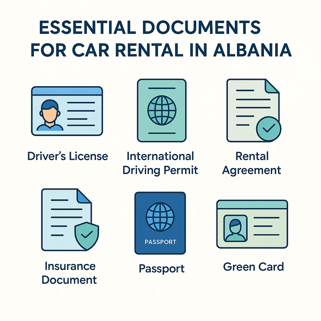 Essential documents for car rental in Albania include a driver’s license, a passport, an IDP, a rental agreement, an insurance document, and a Green Card