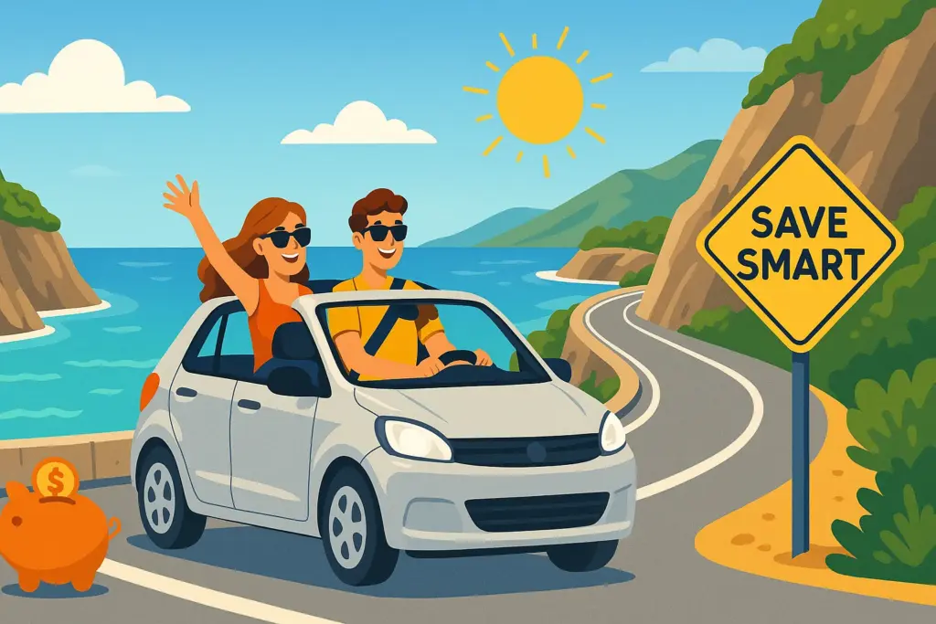 Illustration of a happy couple driving a rental car along Albania's scenic coastal road, with a 'Save Smart' sign, symbolizing affordable car rental and smart travel in 2025.