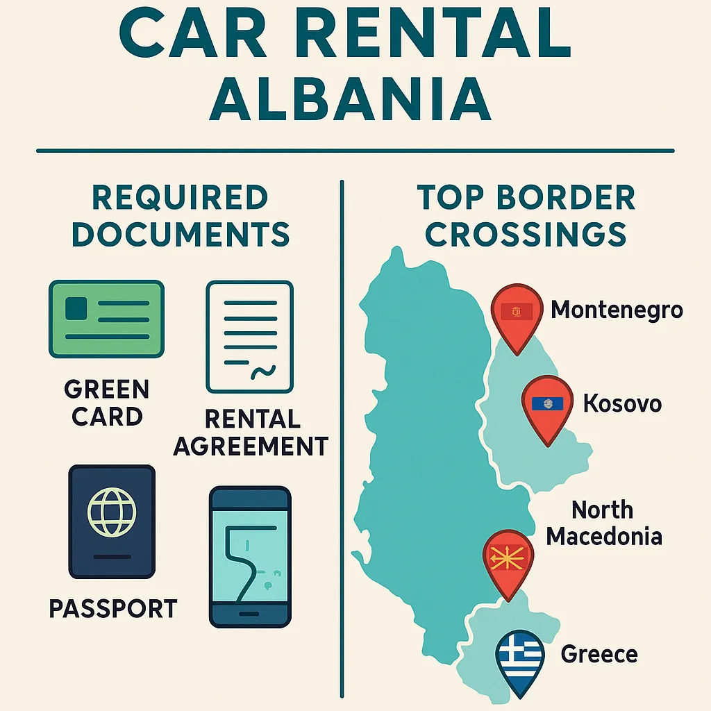Infographic showing cross-border car rental tips from Albania, including required documents like a Green Card and a passport, and main border crossings to Montenegro, Kosovo, North Macedonia, and Greece  