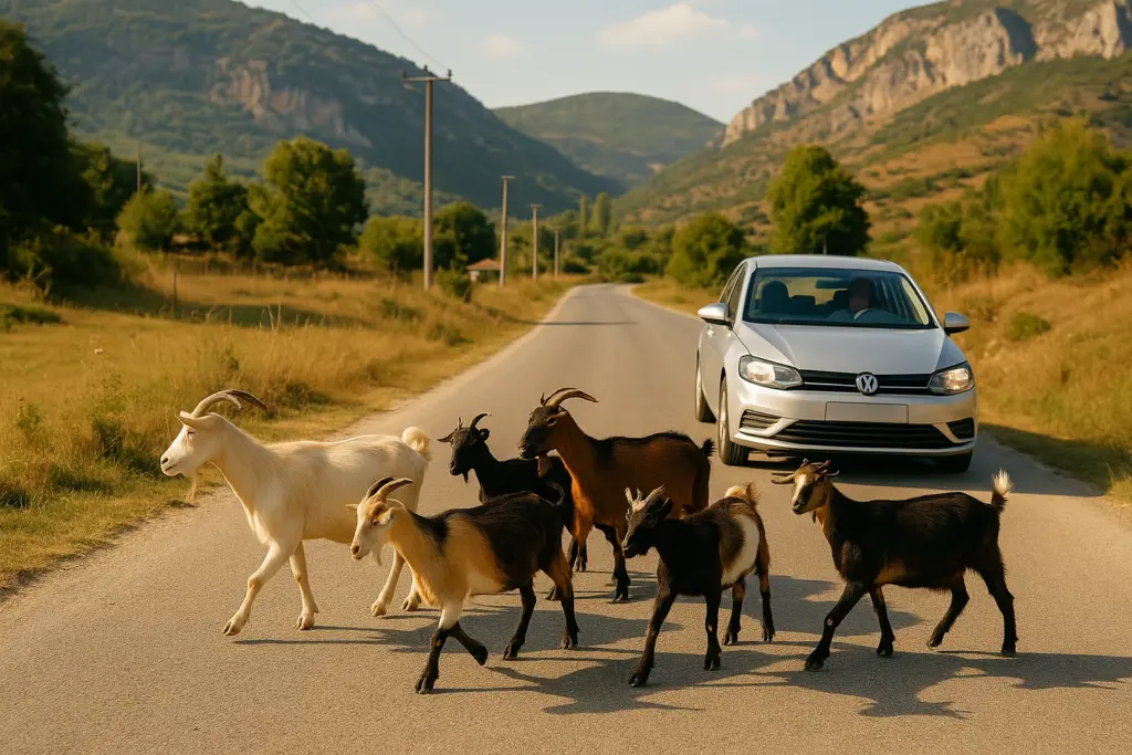Goats crossing a rural road in Albania with a car waiting — a common driving situation in the Albanian countryside  