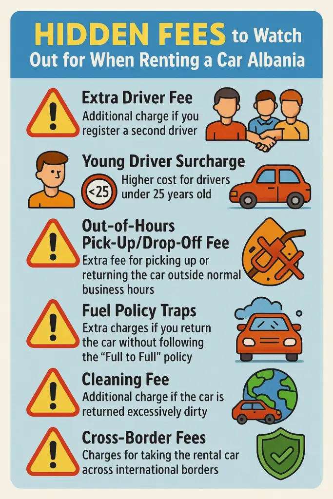  Infographic listing hidden fees to watch out for when renting a car in Albania, including extra driver fees, young driver surcharges, out-of-hours pick-up fees, fuel policy traps, cleaning fees, and cross-border charges.  