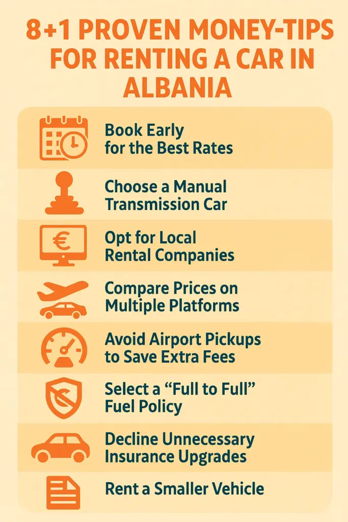 Infographic listing 8+1 proven money-saving tips for renting a car in Albania, including booking early, choosing a manual transmission, comparing prices, and selecting a full-to-full fuel policy.