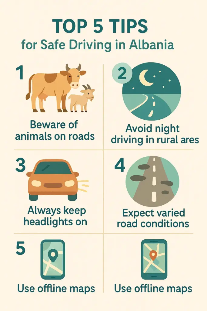   Infographic showing the top 5 tips for safe driving in Albania, including the use of headlights, road conditions, animals on roads, and offline maps