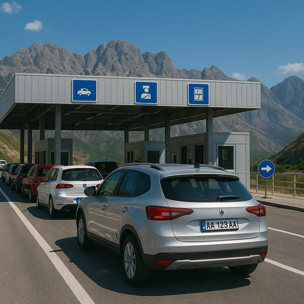 Cars lining up at an Albanian border checkpoint, illustrating the process of cross-border travel with a rental car.
