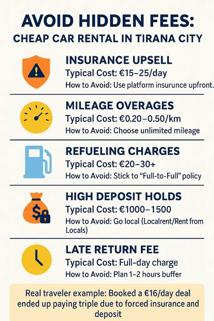 Infographic showing common hidden fees in cheap car rental in Tirana City, including insurance upsell, mileage overages, refueling charges, high deposits, and late return fees