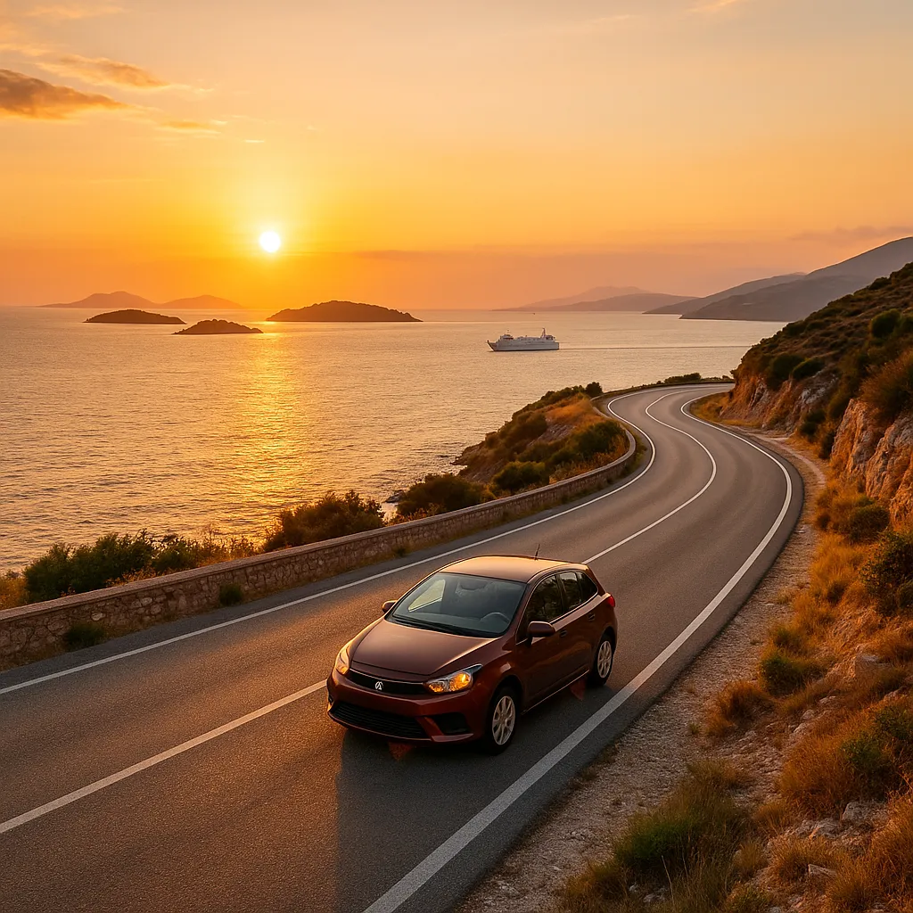 Car rental in Saranda – a red car driving along the scenic Albanian coast at sunset