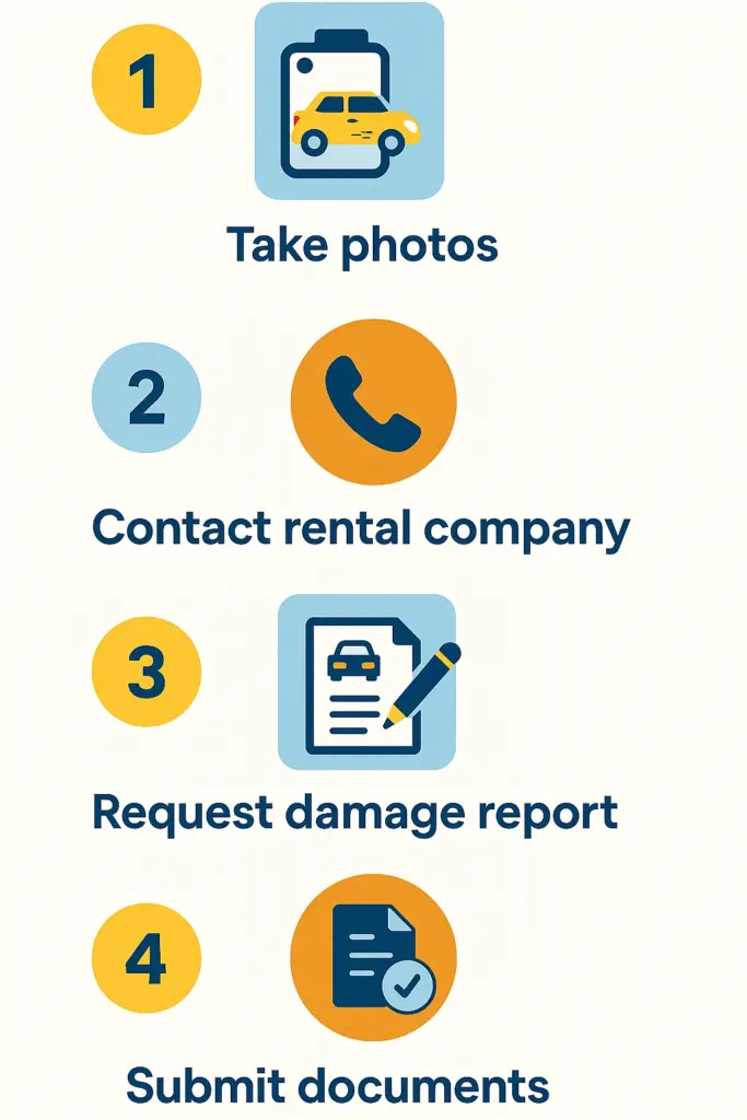 Step-by-step visual guide for filing a car rental insurance claim in Albania, including taking photos and submitting documents
