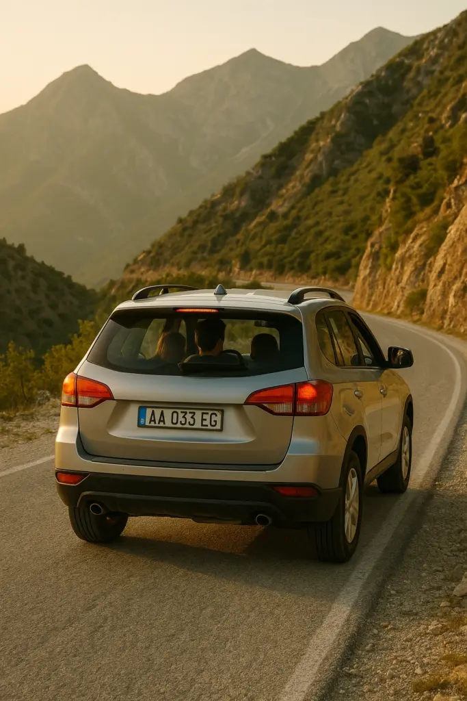 SUV with Albanian license plate on a mountain road, illustrating the importance of car rental insurance in Albania for safe travel