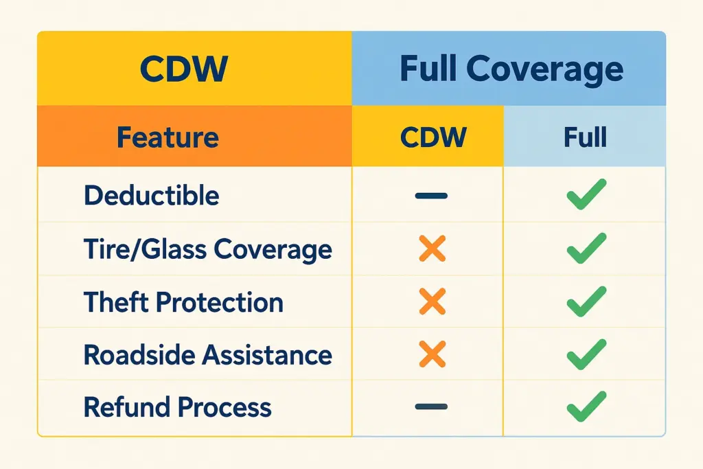 CDW vs Full Coverage comparison chart for car rental insurance in Albania, showing key differences in coverage features