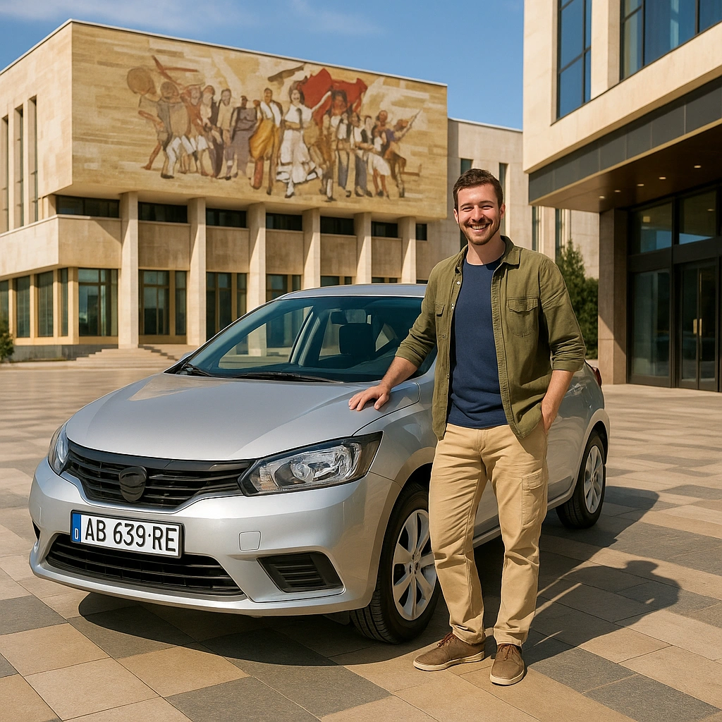 Tourist with a silver rental car in Tirana City center, showcasing cheap car rental in Tirana City near the National Museum"