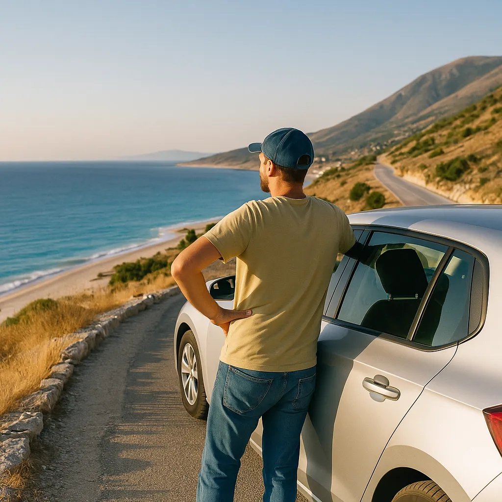 Peter, the founder of CarHireAlbania.com, standing by his rental car overlooking the Albanian coast—offering travel-tested advice on car hire in Albania.