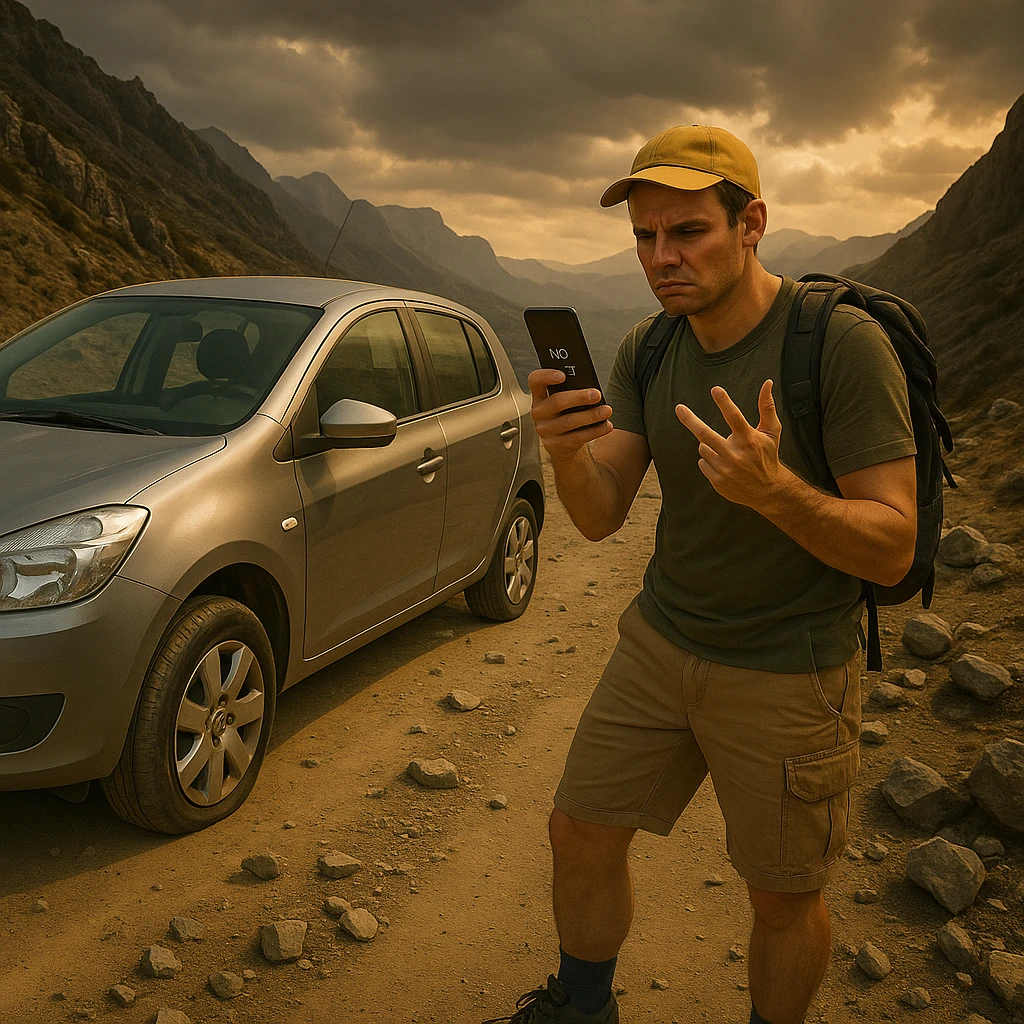Stranded tourist next to a broken-down rental car in Albania, holding a phone with no signal — a real risk witho
ut car rental insurance in Albania  