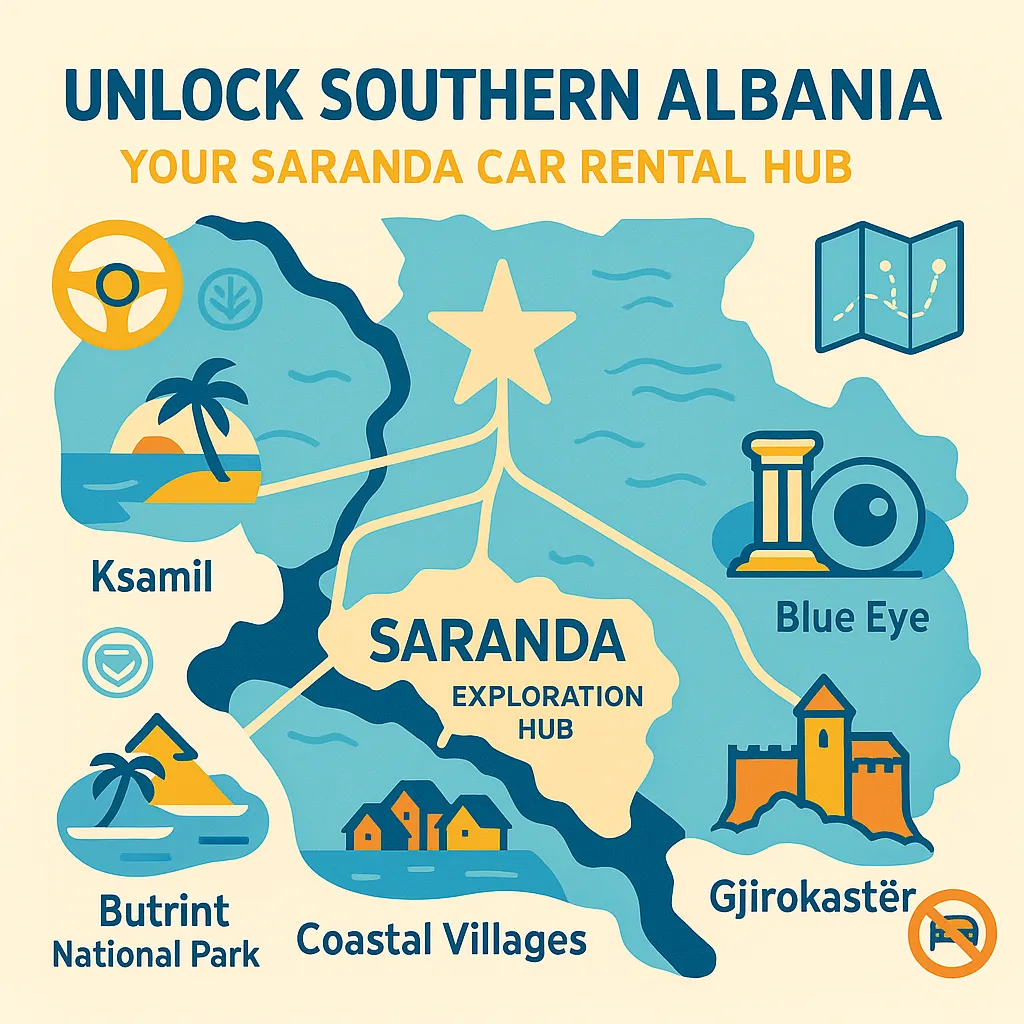  Illustrated map showing key tourist attractions accessible via car rental in Saranda, Albania, including Ksamil, Blue Eye, Butrint National Park, and Gjirokastër.