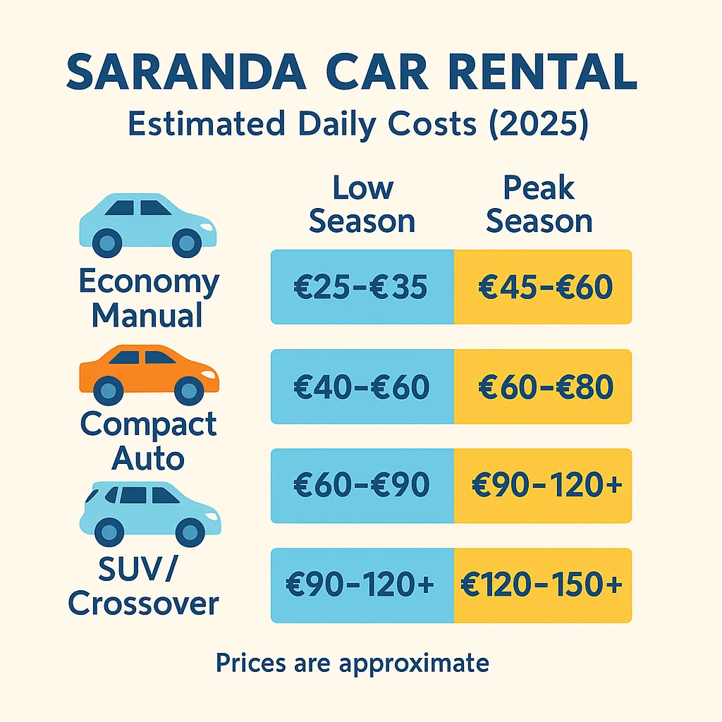 
Infographic showing estimated daily car rental prices in Saranda for 2025 across low and peak seasons by car type.