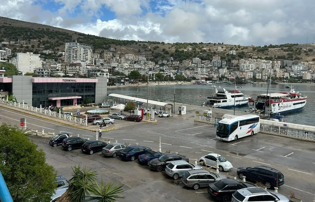 Car rental pickup point near the Saranda ferry terminal for passengers arriving from Corfu.