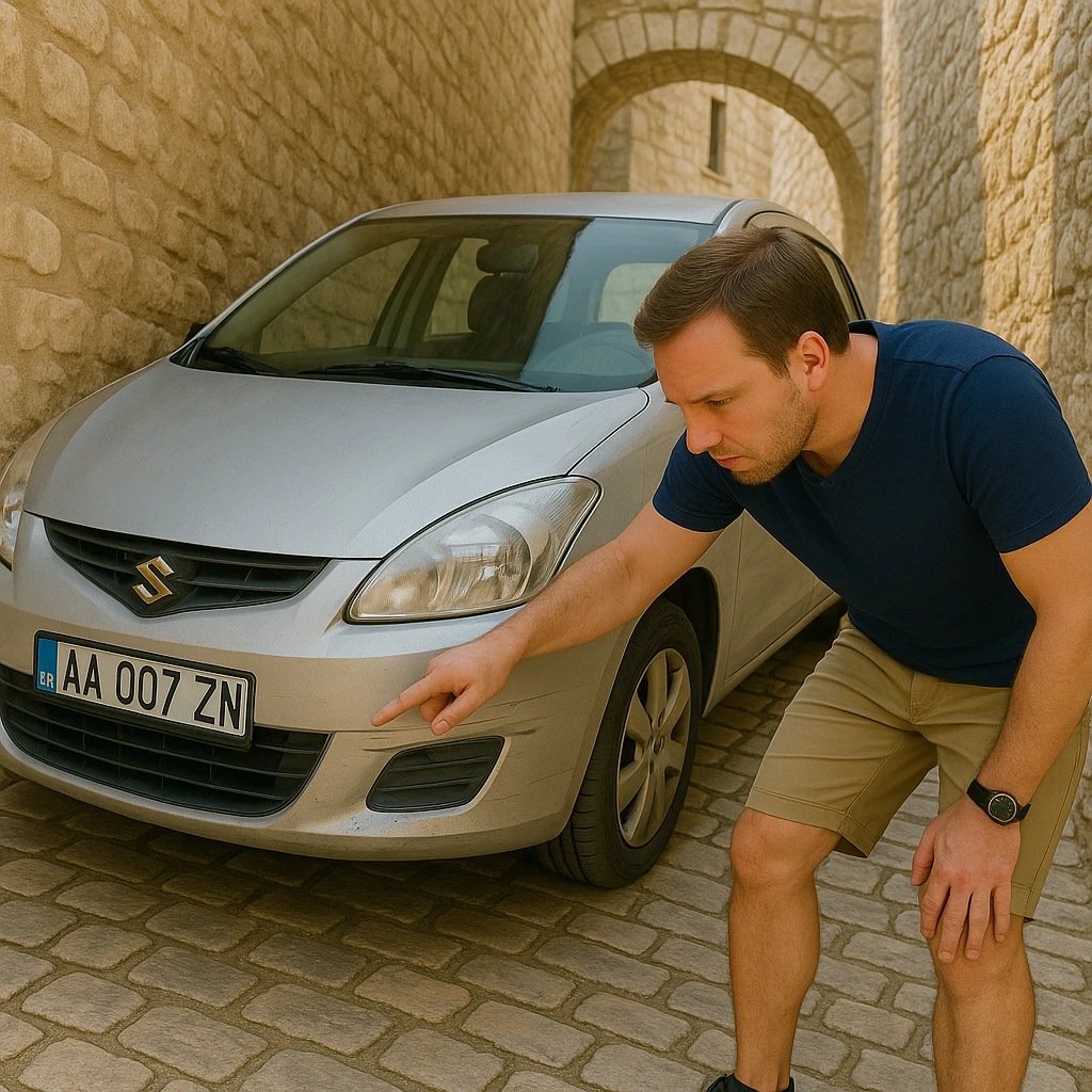 Tourist inspecting a scratch on a rental car in a narrow stone street in Albania — a common risk covered by car rental insurance in Albania
