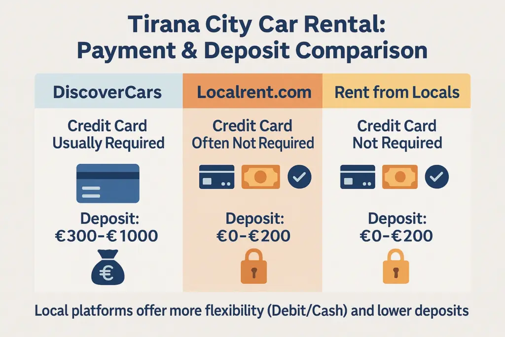 Comparison chart of car rental payment methods and deposit requirements in Tirana, including DiscoverCars, Localrent, and renting from locals
