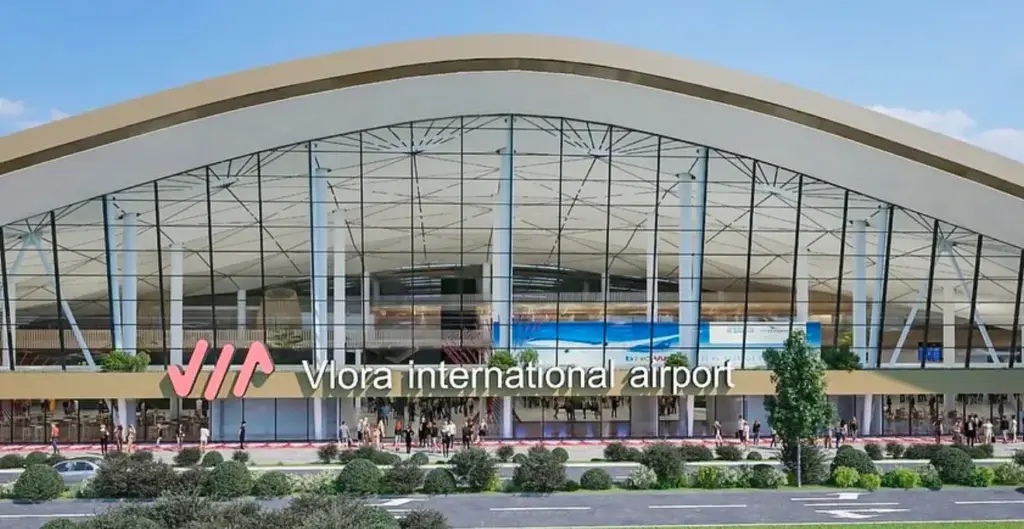 Rendered view of the modern terminal at Vlora International Airport, the future hub for Vlora Airport car rental services starting in 2026.