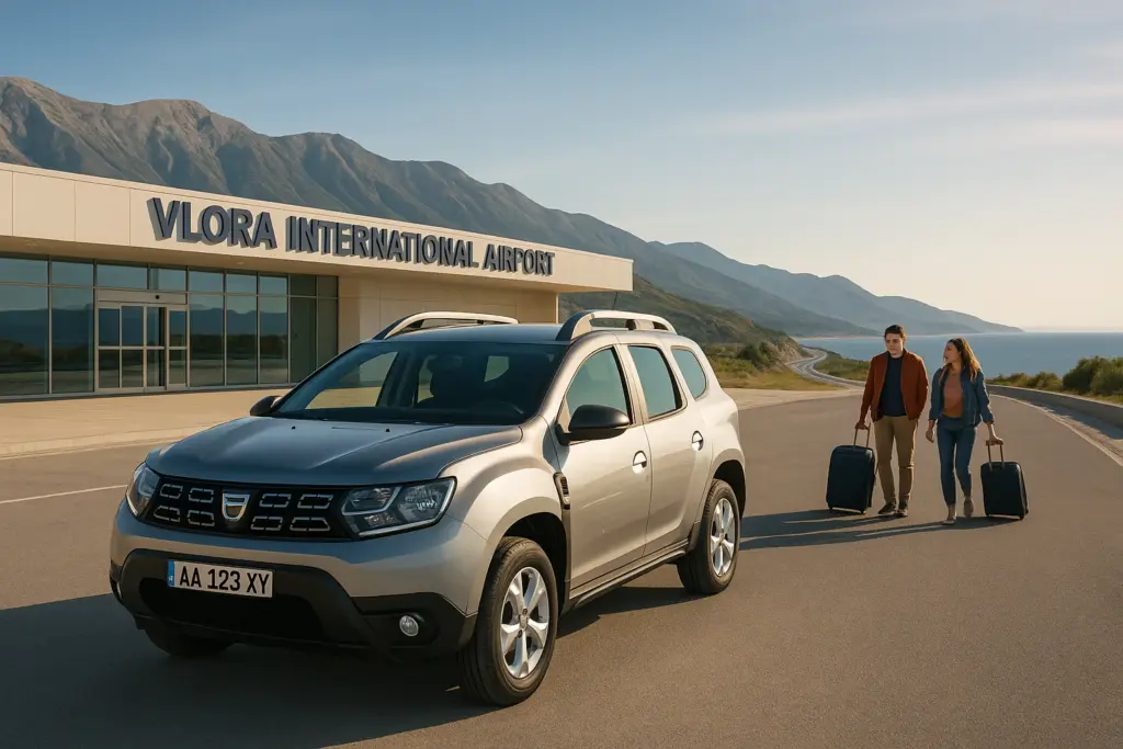 Travelers arriving at Vlora International Airport next to a rental SUV — a perfect start to a road trip with Vlora Airport car rental