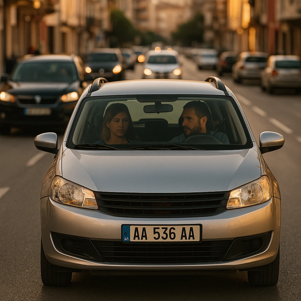 Couple driving a rental car through central Vlora, Albania during golden hour — a realistic view of urban traffic with a Vlora Airport car rental