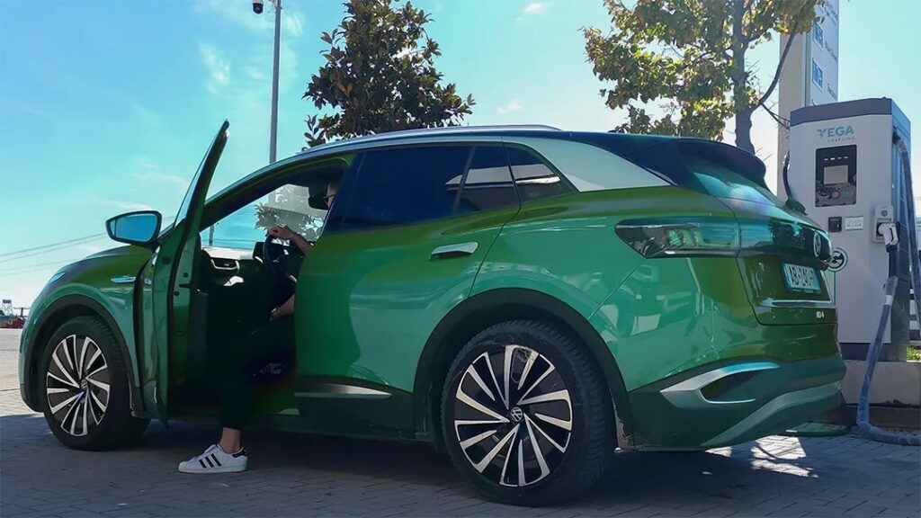 Volkswagen ID.4 electric car charging at a VEGA Charging station in Albania – EV charging stations in Albania, 2025