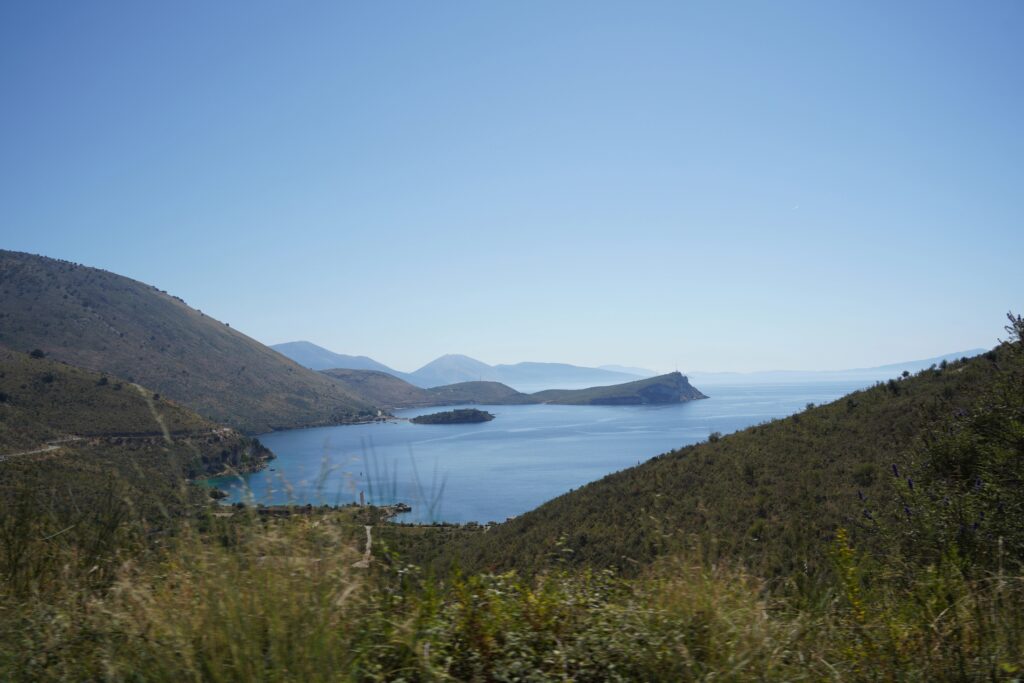 View over the Porto Palermo Bay and peninsula from the SH8 road in southern Albania