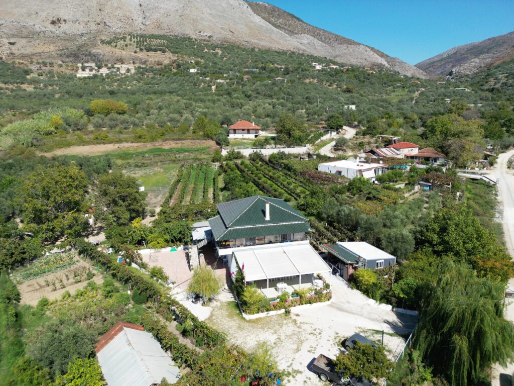 Aerial view of Tamo’s Farm and surrounding vineyards in the southern Albanian countryside