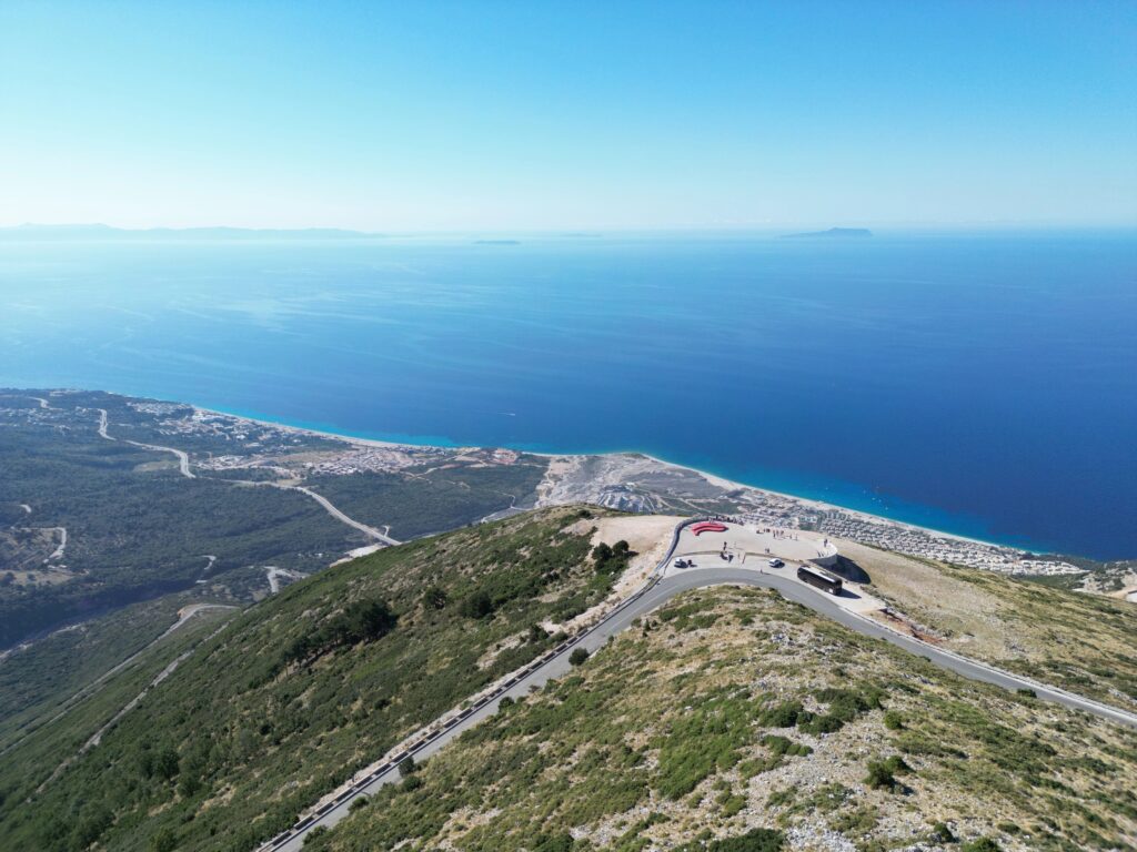 Drone view of the paragliding launch point and panoramic lookout at Llogara Pass on the SH8 coastal road