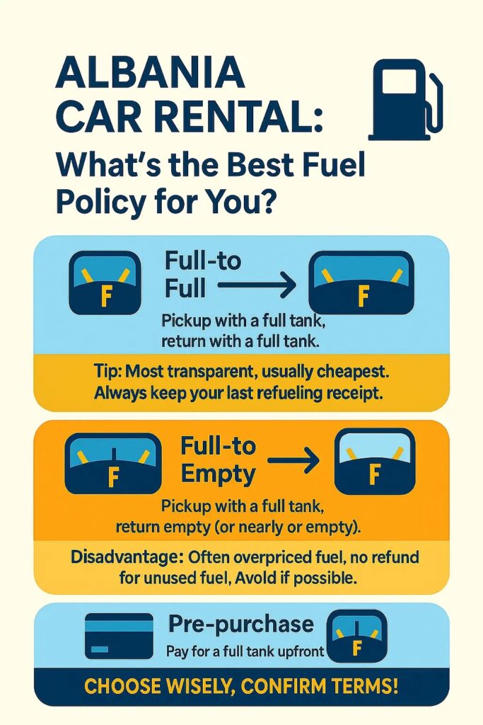 Infographic explaining common car rental fuel policies in Albania: Full-to-Full, Full-to-Empty, and Pre-purchase, with tips for travelers.
