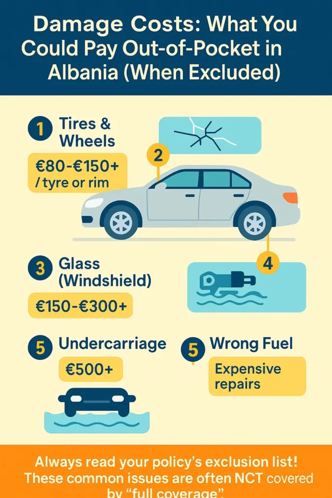 Damage costs for common car rental insurance exclusions in Albania, showing out-of-pocket expenses for tires, glass, undercarriage, water damage, and wrong fuel.
