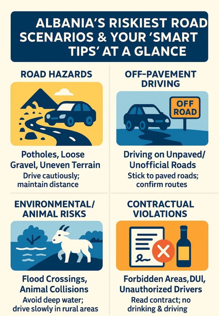 Infographic showing common car rental risks in Albania, including road hazards, off-pavement driving, environmental dangers, and contractual violations, with smart tips for each.
