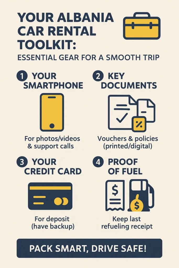 Infographic showing essential car rental toolkit items for Albania, including smartphone, key documents, credit card, and proof of fuel.
