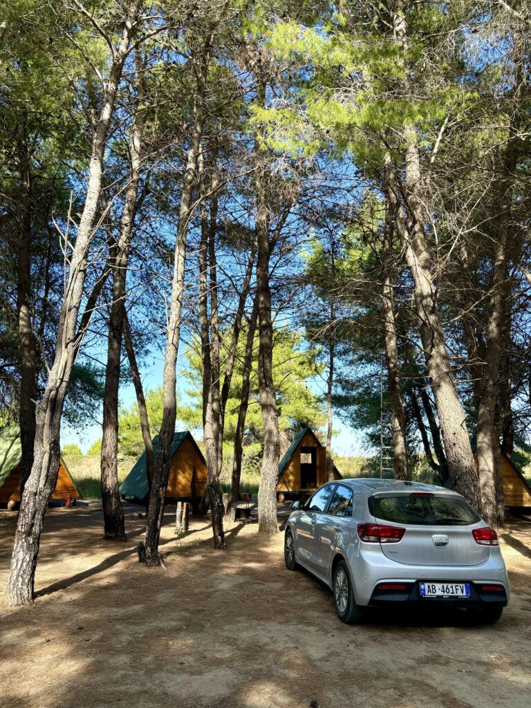 Silver Kia Rio rental car parked in a shaded campsite among pine trees in Albania, highlighting common scenarios where travelers should be aware of potential car rental scams in Albania.