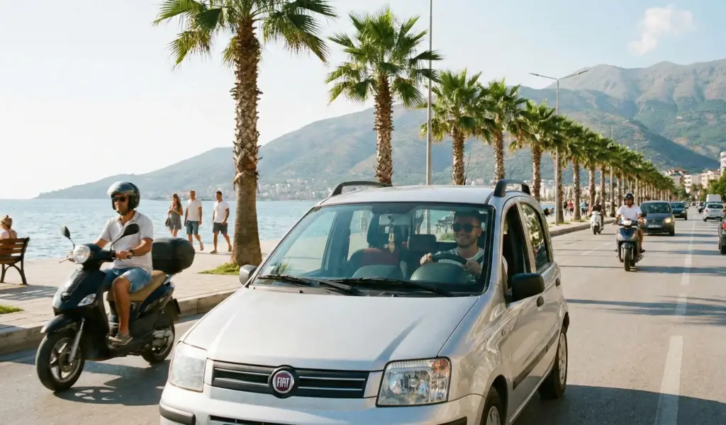 Car Rental in Albania Under 25: How to Avoid Young Driver Fees & Hidden Surcharges 6 A smiling young driver under 25 steering an economy Fiat Panda rental car along the busy Vlora waterfront promenade in Albania.