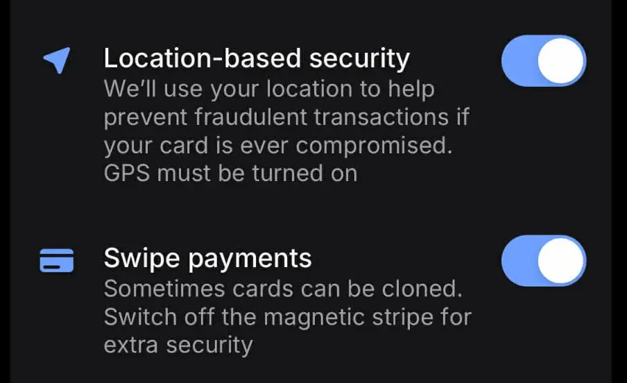 Rent a Car in Albania with a Debit Card (No Credit Card Required) 1 Essential Revolut app settings for renting a car in Albania with a debit card: Swipe payments and Location security enabled.
