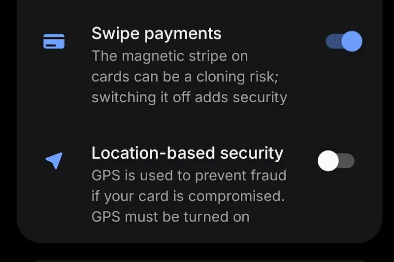 Rent a Car in Albania Without a Credit Card 1 Revolut app card security settings for renting a car in Albania with a debit card: swipe payments switched on, location-based security switched off