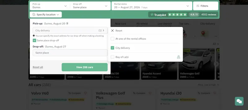 Rent a Car with Hotel Delivery in Albania 1 Localrent city delivery filter for Durrës, Albania showing 288 cars with pickup and drop-off location set to Durrës